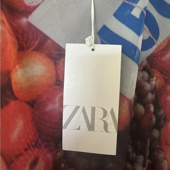 NWT ZARA Ruched Mesh Colorful Fruit Stand Print Midi Dress Sz Medium Blogger M - Picture 8 of 9